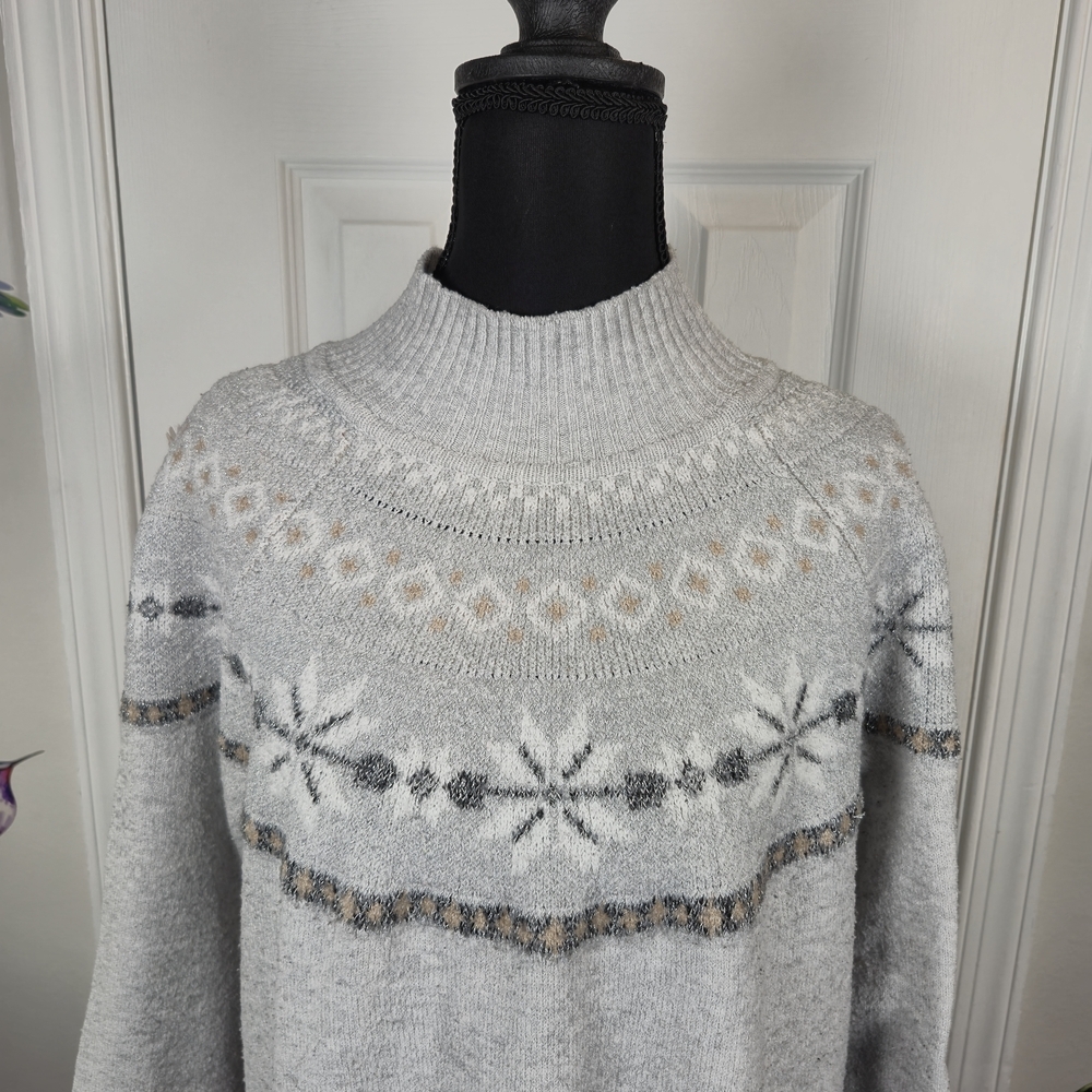 Two A Tee Fair Isle Snowflake Mock Turtleneck Tunic Holiday Sweater Grey L - Picture 4 of 6